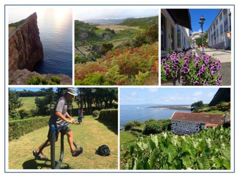 Spectacular views from steep cliffs of caldera near Vila das Velas, on São Jorge Island. Mosaic stone pedestrian malls in the town of Velas. Faja da Caldeira de Santo Cristo is located at the base of steep cliffs along northeast side of São Jorge Island. - photo © Rod Morris