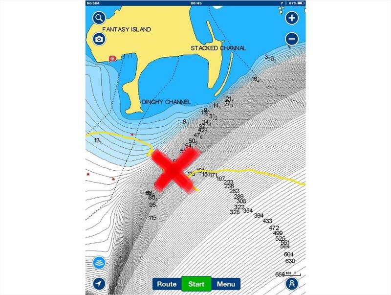 The ‘X' indicates where he went aground. According to the charted soundings, he should have been in some 60' of water (soundings in feet). This is the chart view he saw on his approach, with his track. - photo © Rob Murray / BCA