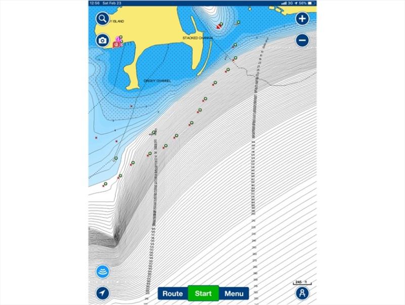 ‘Sonarcharts' view, with community layer on. Markers showing extent of reef are ones I added after grounding, using GoogleEearth as a guide. Note that depths over reef are shown as 4-5 meters. There is no change in dashed line showing the extent of reef. - photo © Rob Murray / BCA