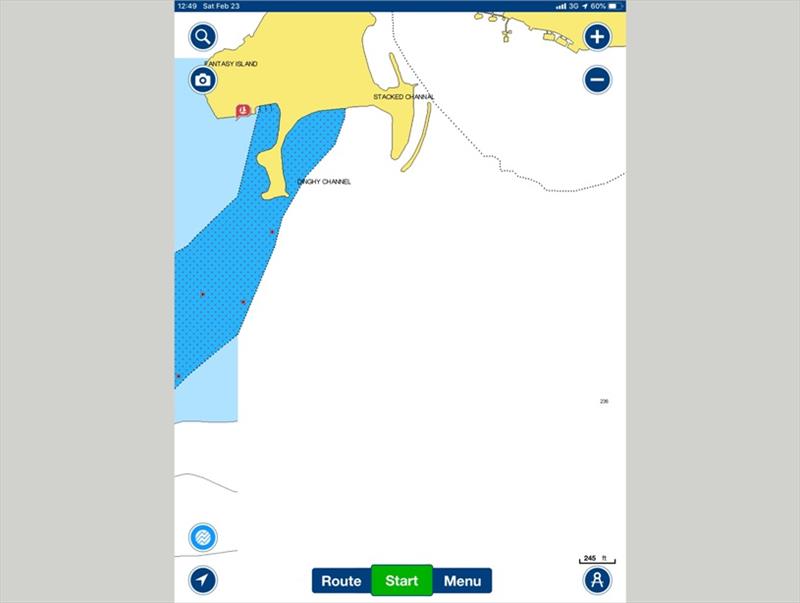‘Navionics' or ‘Government' chart view. Note lack of soundings, extent of reef shown with dotted line. Extent of reef much smaller than in the Google Earth image. - photo © Rob Murray / BCA