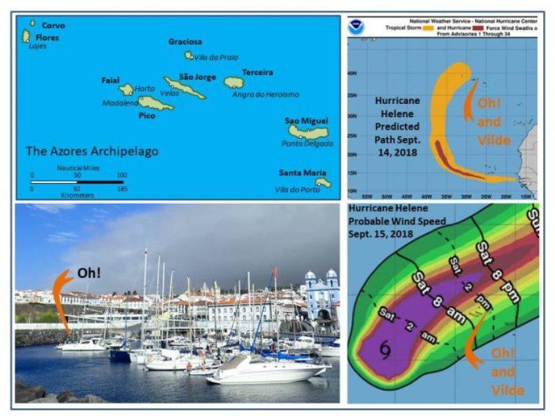 Azores Archipelago. Hurricane Helene's predicted path meant we needed to find a safe harbor  that meant Angra Do Heroismo, on Terceira Island. Oh! tucked far inside Angra's harbor prepares for a possible windy day as clouds fill sky to west of Angra. - photo © Rod Morris