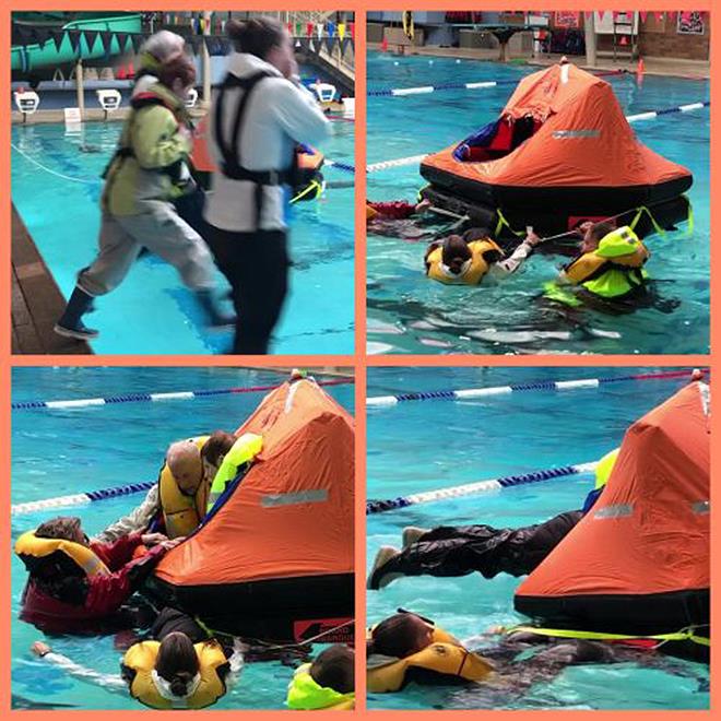From Upper Left: One, two, three and we're in the pool; Life raft fully inflated; Now how do I get in; and Hooray, in she goes! photo copyright Joan & Ken Newman taken at 
