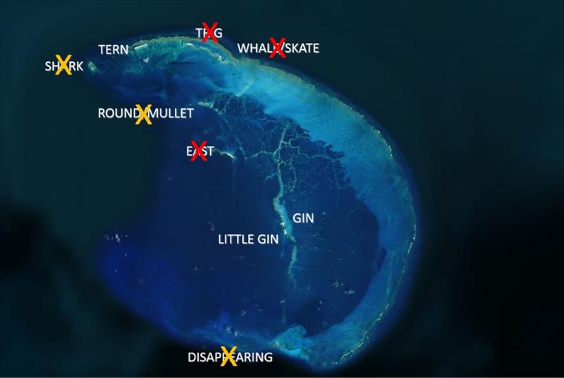 Map of French Frigate Shoals atoll. The red Xs are over islands that have completely eroded away from different causes between 1990-2018 and have not yet reappeared. Yellow Xs represent islands that are naturally highly dynamic and come and go each season - photo © NOAA Fisheries