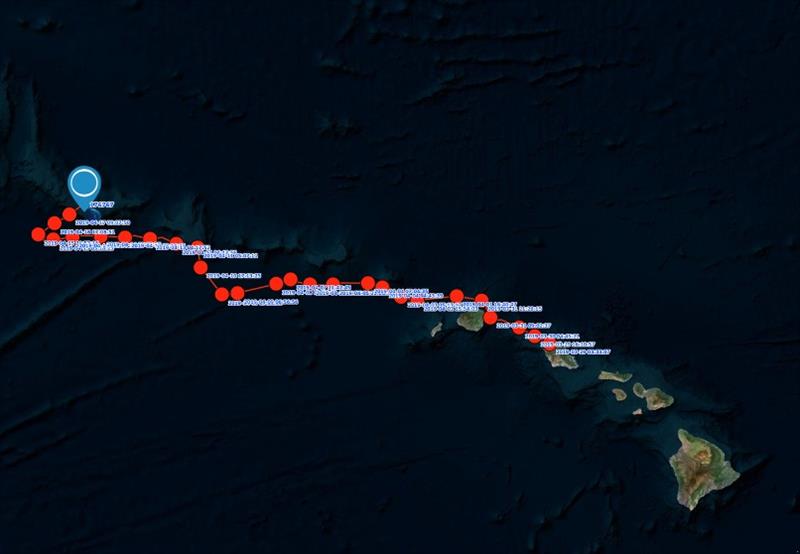 The satellite track of Motherload's journey of more than 600 miles from Oahu to French Frigate Shoals. - photo © NOAA Fisheries