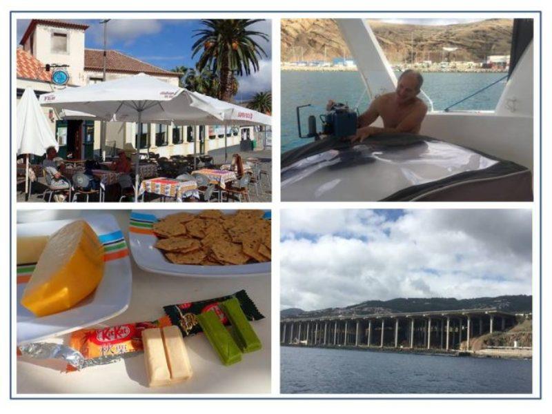 A quiet afternoon in Porto Santo fabricating the port sunshade for use in the Caribbean. Portuguese cheese and crackers, with Japanese hazelnut and green tea Kit Kats. One of many incredible public infrastructure works on Madeira Island is Airport runway! - photo © Rod Morris