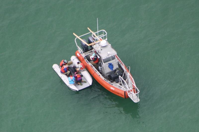 View from the spotter plane of a leatherback turtle being sampled and tagged in Cape Cod Bay photo copyright NOAA Fisheries taken at 