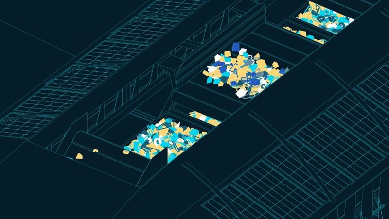 Top-view animation of plastic shuttle distributing plastic over the 6 dumpsters inside the Interceptor - photo © The Ocean Cleanup