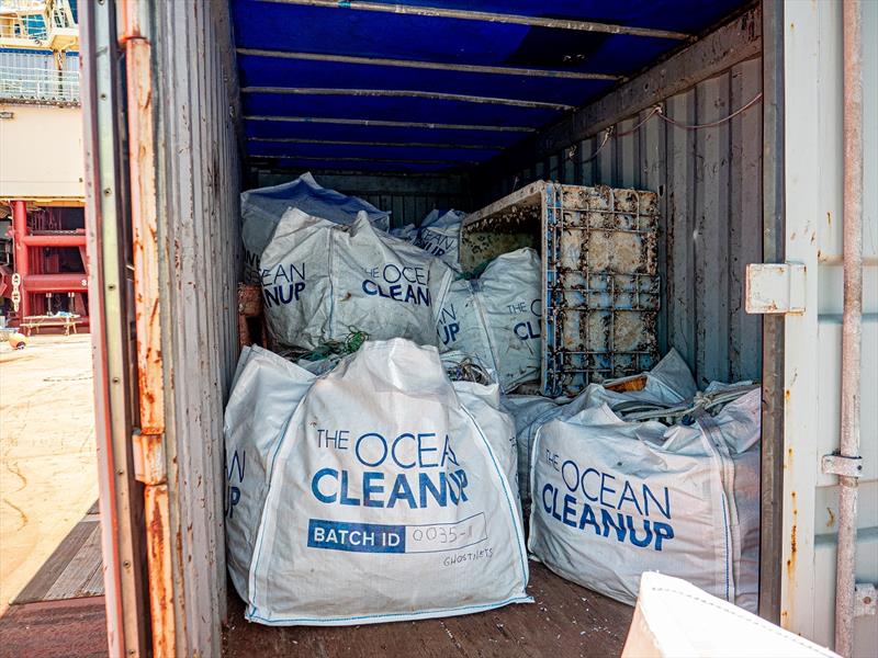 Container with big bags of plastic on the vessel in the Great Pacific Garbage Patch photo copyright The Ocean Cleanup taken at 