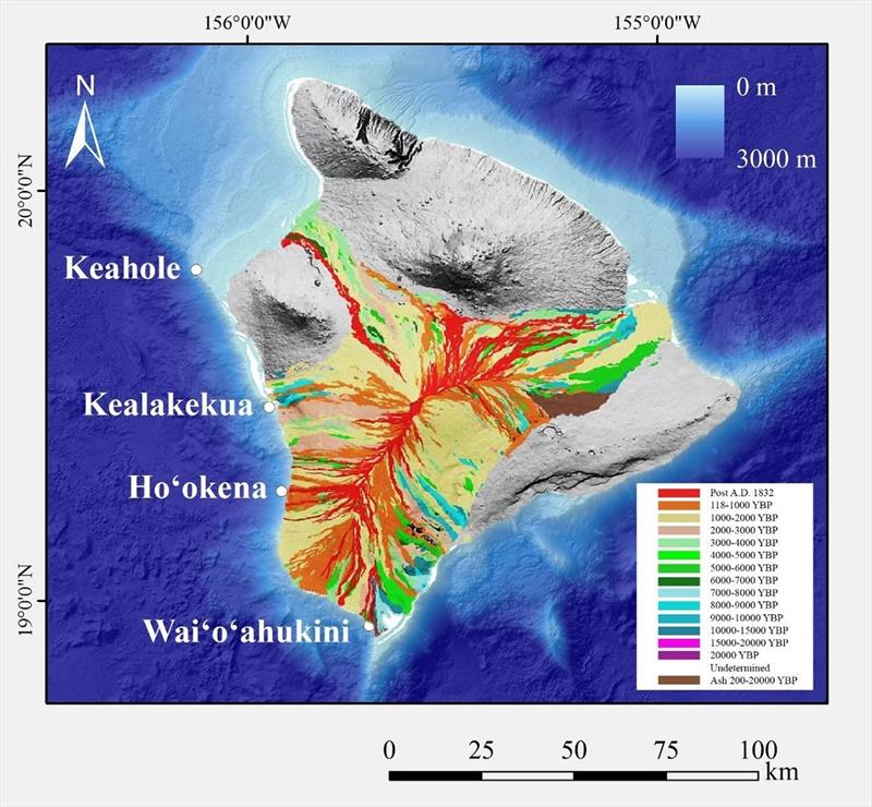 Boundaries of Mauna Loa lava flows on the island of Hawai?i with age (YBP) shown in color. Colors range from oldest in purple to most recent in red. Labeled place names indicate the general location of the four deep-water coral survey sites. - photo © NOAA Fisheries