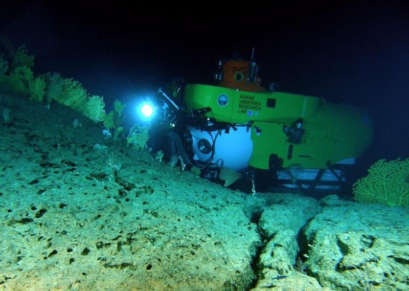 Pisces V surveying the dense deep-water coral beds at Keahole Point, Hawai‘i. Some of these gold corals, Kulamanamana haumeaae, are estimated to be over 2,000 years old. - photo © University of Hawai‘i Underwater Research Laboratory