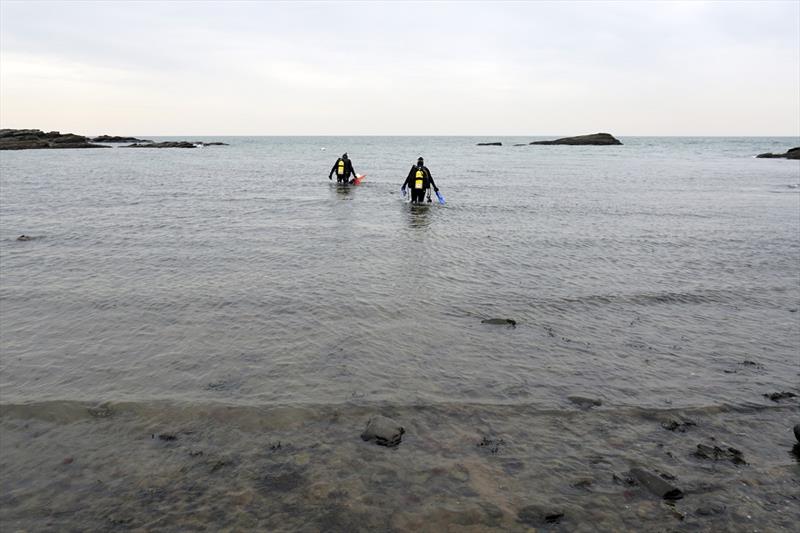 Sean Grace and Gabriella Dipreta wade into Long Island Sound to collect Astrangia corals photo copyright NOAA Fisheries taken at 