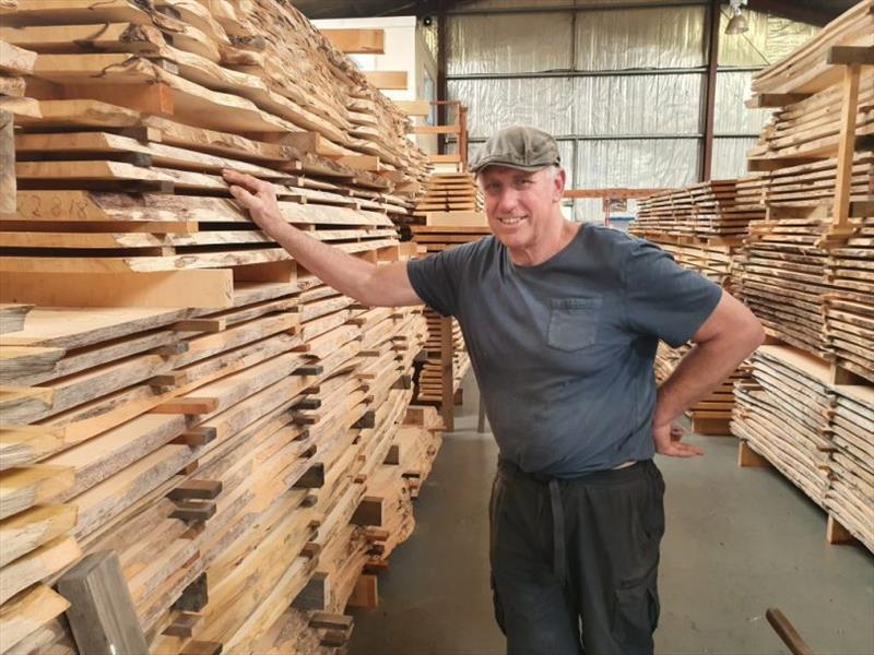 Randal posing in his hallways of Huon Pine - photo © Australian Wooden Boat Festival