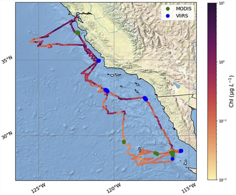 Locations of Saildrone vehicle ChlF measurements taken off western coast of Mexico & U.S. Shading of vehicle's trajectory indicates ChlF measured with NPQ correction applied. The green & blue markers indicate MODIS-Aqua & VIIRS-SNPP matchup with saildrone - photo © Joel P. Scott