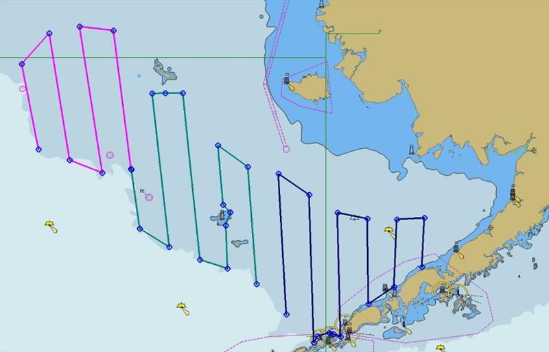 Planned Saildrone survey transects. The colors indicate the tracks of different Saildrones photo copyright NOAA Fisheries taken at 