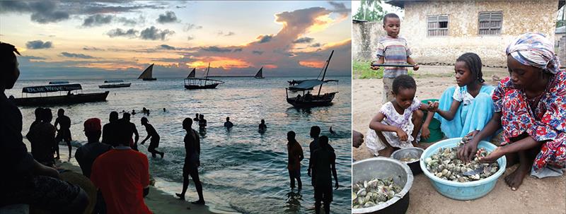 L: Unguja residents gather on a beach at sunset. Sails in background are traditional dhows heading out to fish/carrying cargo to Tanzanian. R: Ikiwa Abdulla & her family clean wild-caught shellfish after a long day of collecting out on the flats in Fumba photo copyright Julia Cumes Photography taken at 