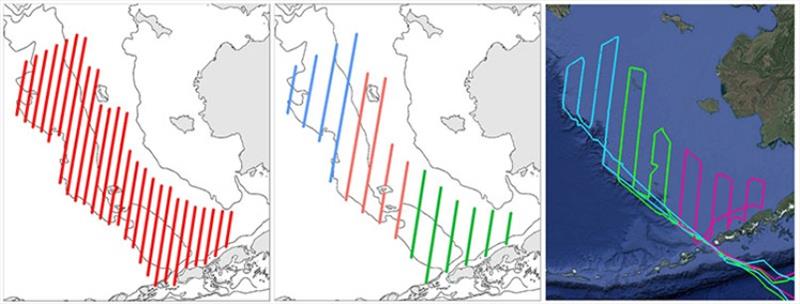 Saildrone Alaska pollock survey was designed as contingency plan in place of RV Oscar Dyson. From left, Dyson's 20nm spacing, planned transects to be surveyed by saildrones at 40nm spacing, actual transects surveyed by saildrones in Eastern Bering Sea photo copyright Saildrone taken at 