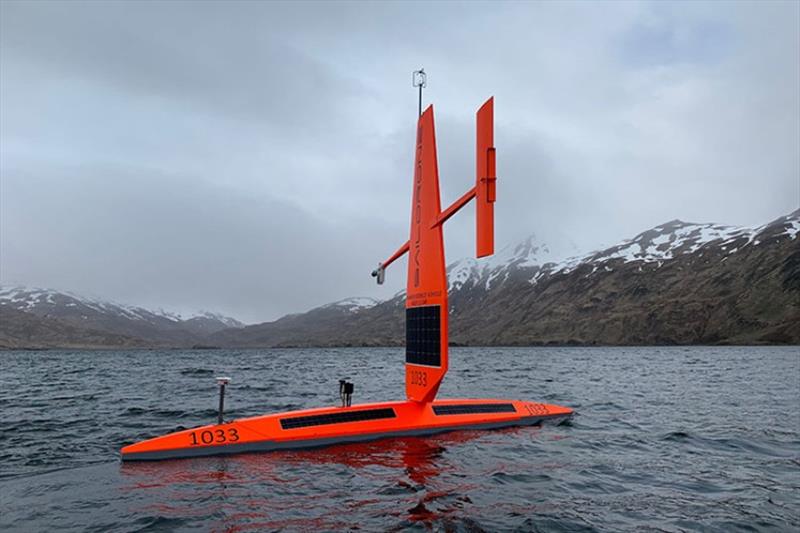 A saildrone equipped with a NOAA PMEL ASVCO2 in Dutch Harbor, AK, during the 2019 Arctic mission to improve ice prediction and sea surface temperature observations for satellite algorithm development and study air-sea carbon interactions in Chukchi Sea photo copyright Saildrone taken at 