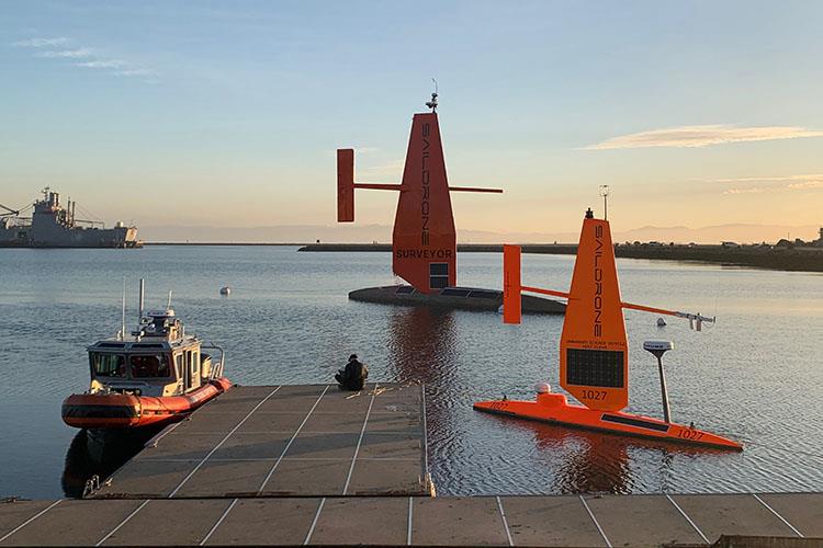 The Saildrone Surveyor with the 23-foot Saildrone Explorer and Saildrone Support boat in Alameda, CA. - photo © Saildrone