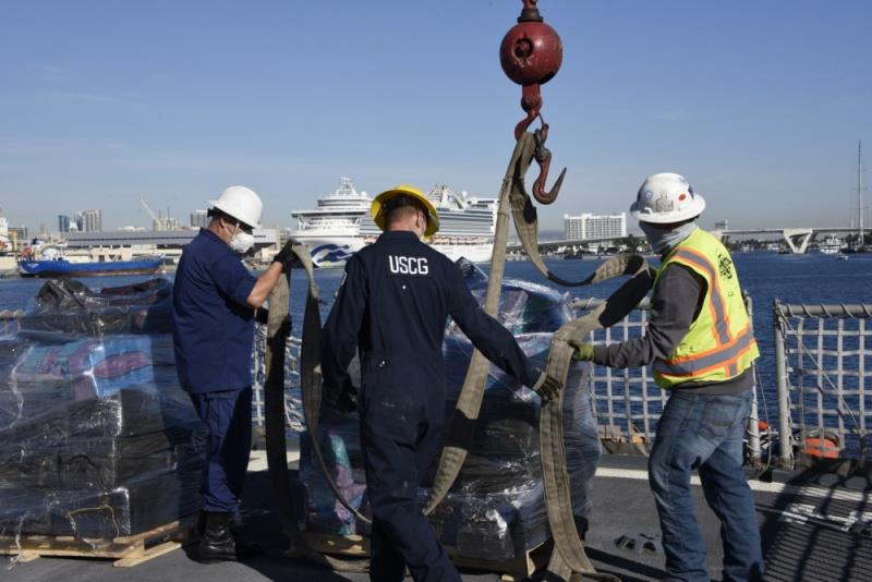 The Coast Guard Cutter Campbell (WMEC 909) crew and crane operator offloads approximately 7,250 pounds of cocaine at Port Everglades, Florida, Feb. 4, 2021. The Campbell's crew patrolled the Eastern Pacific Ocean in support of counter-narcotics operations photo copyright Petty Officer 3rd Class Jose Hernandez / U.S. Coast Guard taken at 