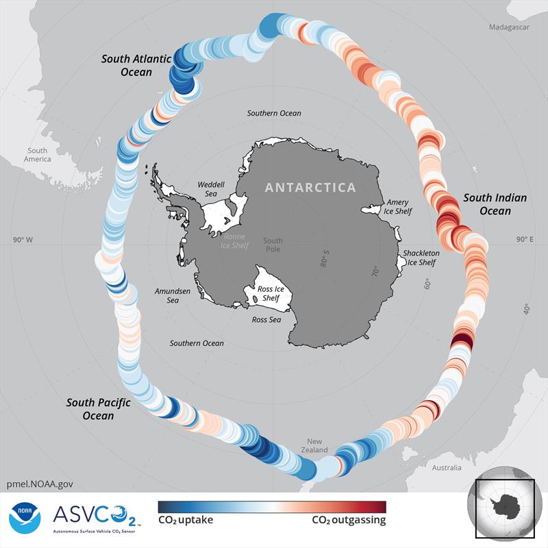 Map depicts measurements showing CO2 uptake and CO2 outgassing from measurements taken in near real time during 2019 Southern Ocean USV mission. Each circle represents location of CO2 measurement. Blue-shaded circles show locations of CO2 uptake by ocean photo copyright NOAA PMEL taken at 