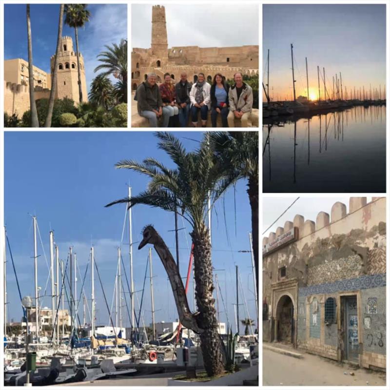 Monastir – a watch tower on the old town wall. Friends old and new in Monastir. Sunrise in the marina. Our pet Ostrich at the marina. Street buildings Monastir photo copyright SV Red Roo taken at 