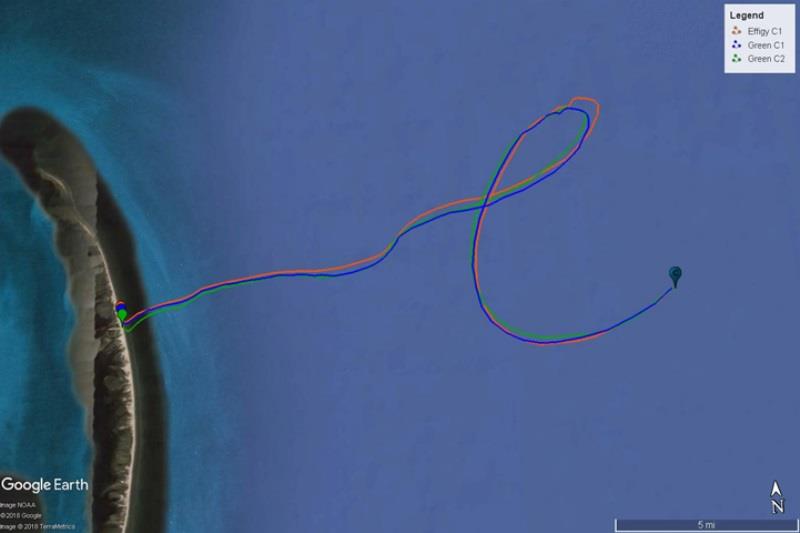 A map showing turtle effigy and carcass drift track comparison. The reason behind using effigies was to develop a product that mimicked how a sea turtle carcass drifts in order to repeat study in other locations without use of actual sea turtle carcasses. - photo © NOAA Fisheries