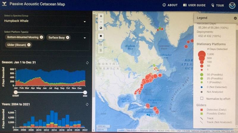 Computer screenshot showing locations and number of passive acoustic detections of humpback whales in the western North Atlantic since 2004. - photo © NOAA Fisheries