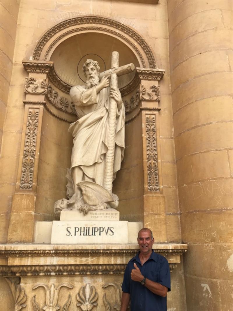 Outside Mosta Dome. I am often reminded (by himself) that he is a Saint, a Diciple and had a seat at the Big Table! photo copyright SV Red Roo taken at 