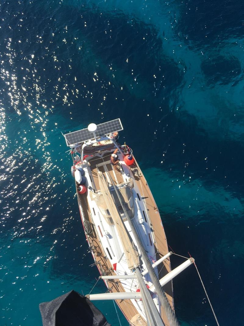 Maree holding Phil up the mast photo copyright SV Red Roo taken at 