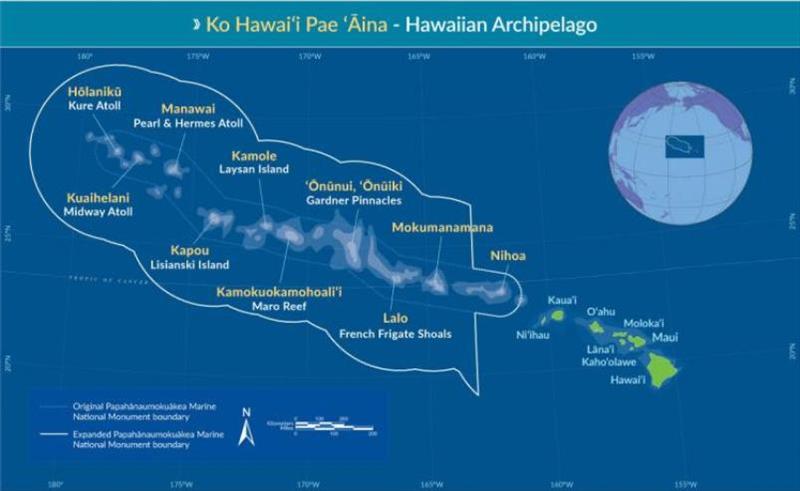 This map shows the entire Hawaiian Archipelago. Note—the islands in the Papahanaumokuakea Marine National Monument are so small that only the shallow reef or shelf areas (lighter blue) are visible in the map photo copyright papahanaumokuakea.gov taken at 