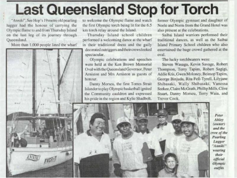 The Anniki carrying the Olympic torch made front-page news on July 7, 2000. - photo © Torres News