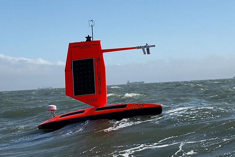 A Saildrone Explorer with a `hurricane wing` during testing in San Francisco Bay photo copyright Saildrone taken at 