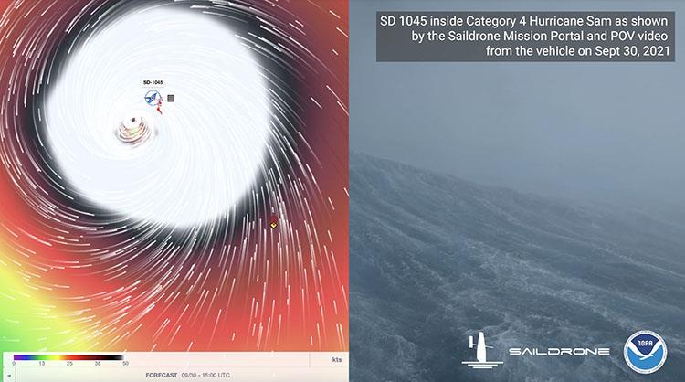 Split-screen view of SD 1045's onboard video camera and the Saildrone Mission Portal as it approaches the eye of the storm. - photo © Saildrone