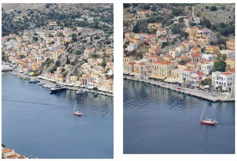 Debbie and Paul from Australian boat Wild Odyssey took these photos of Red Roo arriving at Symi Harbour. - photo © SV Red Roo