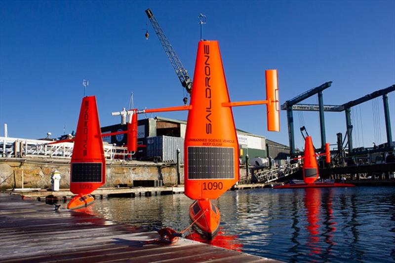 Three Saildrone Explorers await deployment in Newport, RI. The saildrones will be stationed upstream, mid-stream, and downstream in the Gulf Stream current. - photo © Jessica Kaelblein for The University of Rhode Island