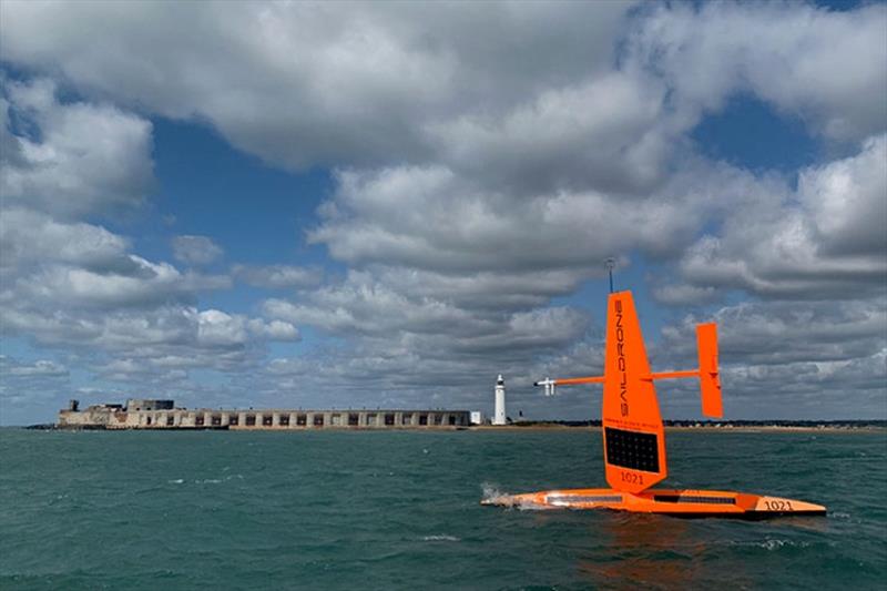 SD 1021 sailing past Hurst Castle, one of Henry VIII's forts built to protect the Solent, as it departs from Lymington, England, on the return journey across the Atlantic Ocean on August 15, 2019 photo copyright Saildrone taken at 