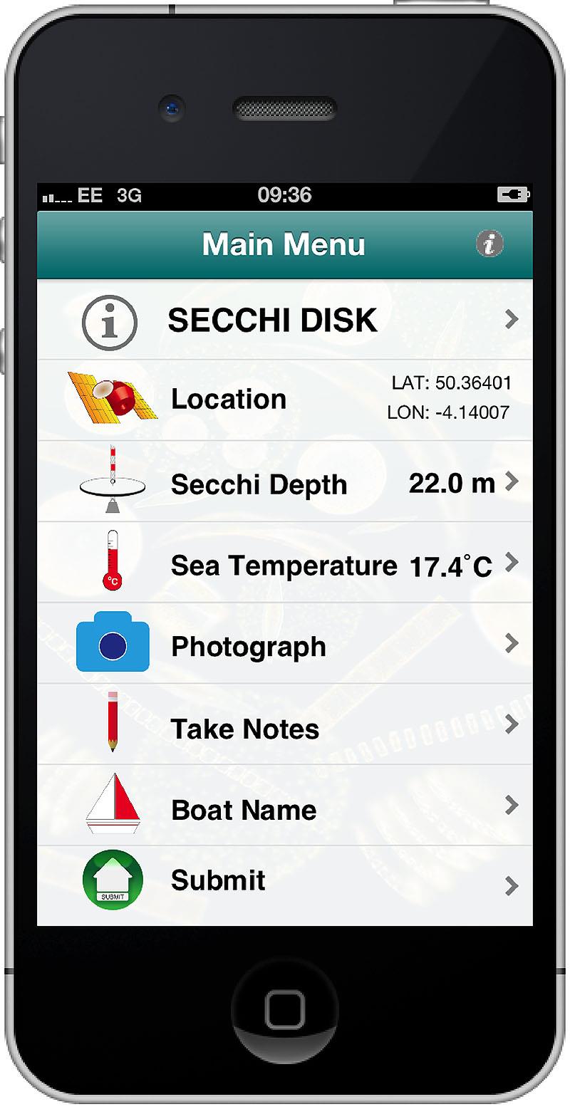 Main Menu of the Secchi App - photo © Secchi Disk Study