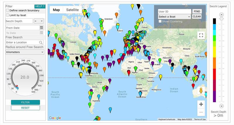 The map of Secchi depth data shows that sailors are taking part in the study all around the world... - photo © Secchi Disk Study