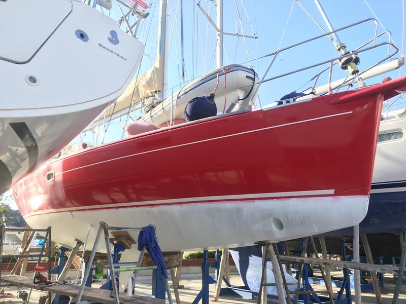 Half way down the starboard side complete (for the red topsides, the white bottom antifoam paint not started) photo copyright SV Red Roo taken at 