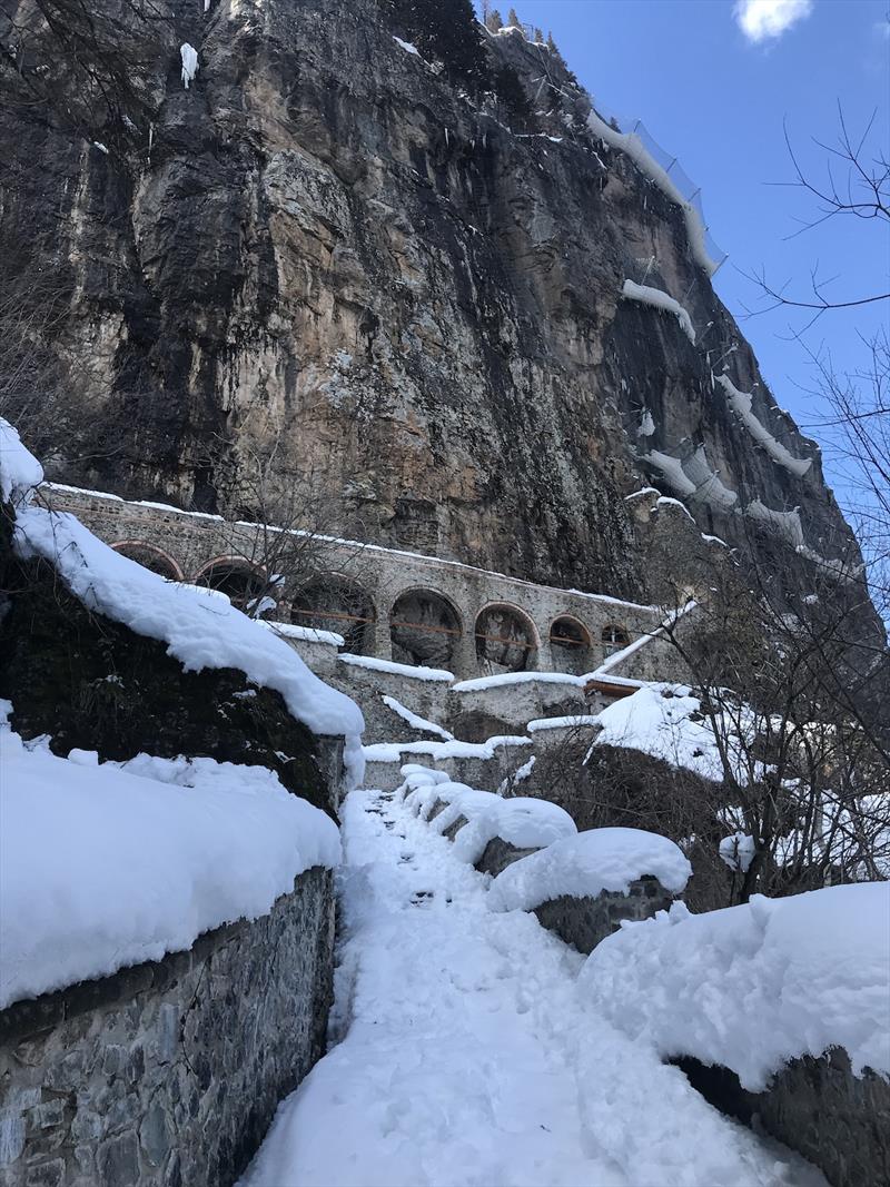 It was a careful steep climb up to the gates of the Monastery due to heavy snow obscuring the path. This picture is the easy bit at the end photo copyright SV Red Roo taken at 