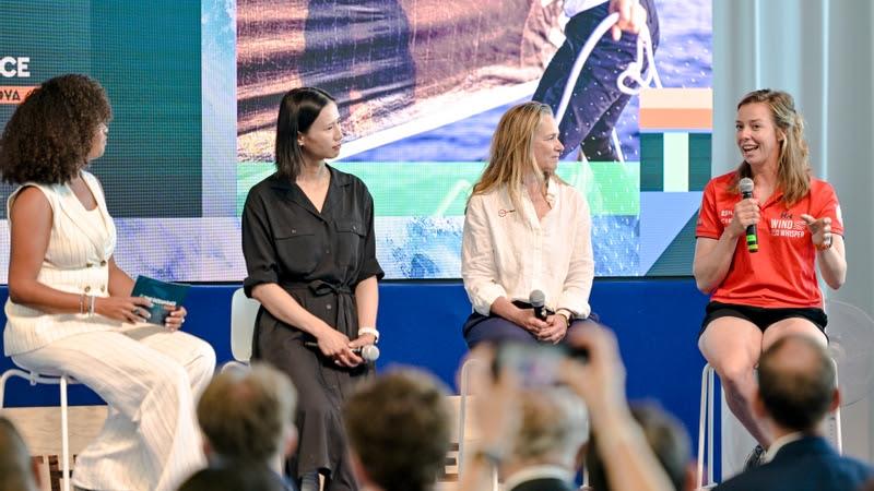 Summits host Danni Washington; Lily Xu Lijia - Olympic Sailing Gold Medallist, Broadcaster and Presenter of The Ocean Race China Plan; Alessandra Ghezzi, Communications Director, j11th Hour Racing; Arianne van de Loosdrecht, WindWhisper Racing Team sailor photo copyright Sailing Energy / The Ocean Race taken at 