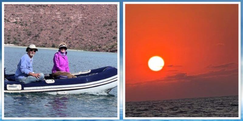 Bruce and Gina from Dreamcatcher and sunset on our crossing to Topolobampo photo copyright Mary Kruger / Bluewater Cruising Association taken at 