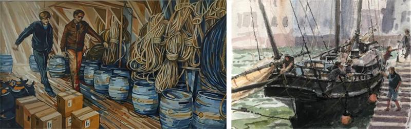 Left to right: A cargo of ale for Kent- Aboard Blue Mermaid by John Scott Martin PRSMA–53 x 38cm, £875, Cargo arrives in Falmouth by Geoffrey Huband VPRSMA- 40 x 30 cm, £675 - photo © Royal Society of Marine Artists
