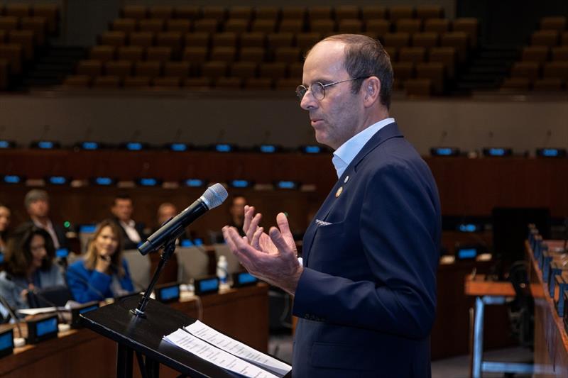 The Ocean Race 2022-23 - 19 September 2023. The Ocean Race Chairman Richard Brisius, speaking at the UN HQ - photo © Cherie Bridges / The Ocean Race