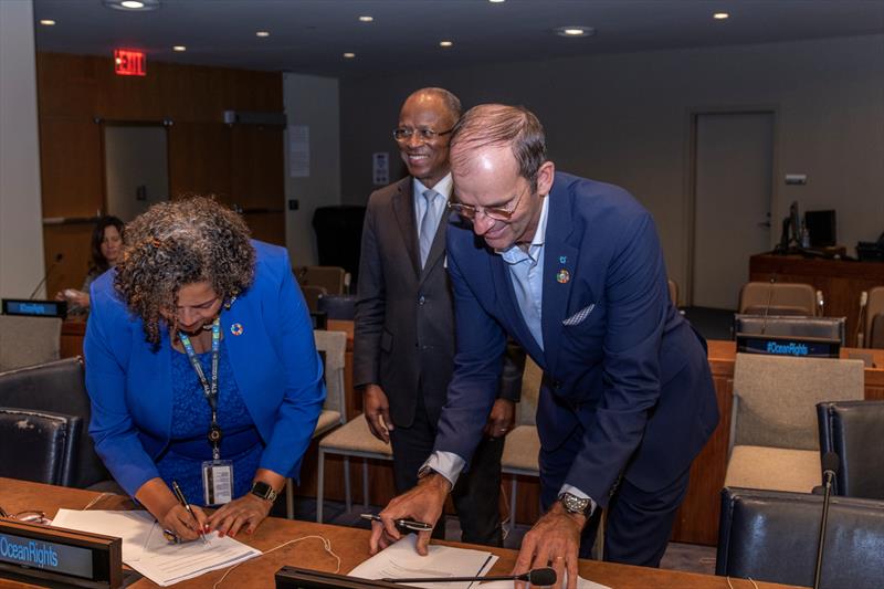 The Ocean Race Summits presents Ocean Rights in the United Nations Headquarters, New York. (L to R): Tania Romualdo, Ulisses Correia e Silva and Richard Brisius - photo © Cherie Bridges / The Ocean Race