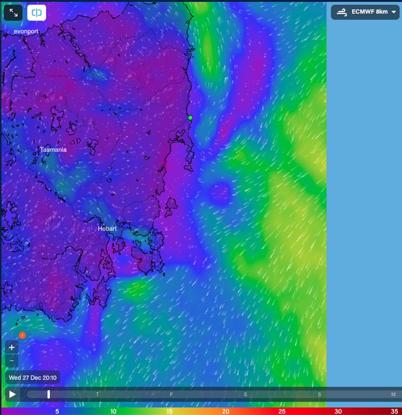Wind for the East Coast of Tasmania at 2010hrs 27/12/23 - photo © Predictwind.com