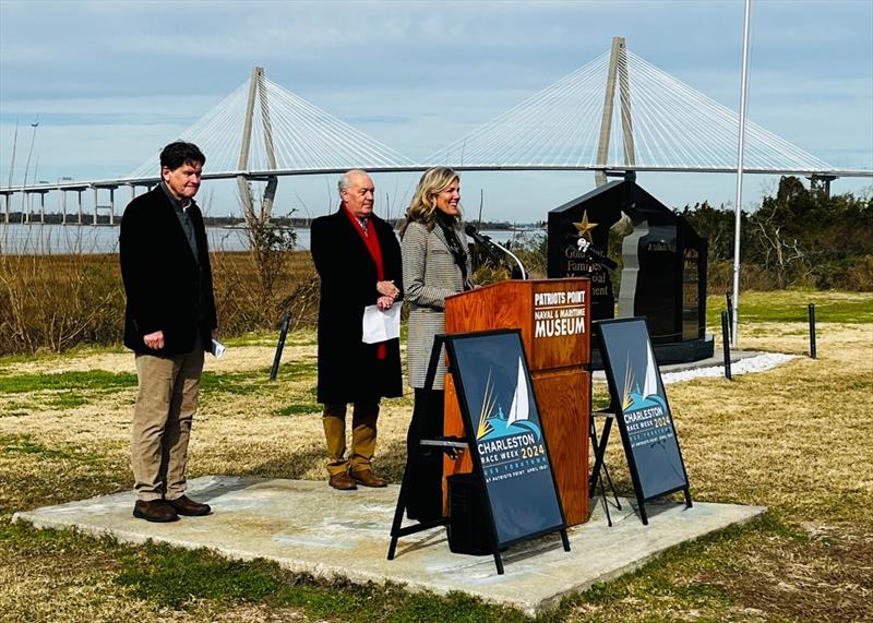 Patriots Point Development Authority Executive Director Allison Hunt, alongside of Mayor of the Town of Mount Pleasant, SC Will Haynie and Charleston Race Week Event Director, Randy Draftz announced a brand new partnership agreement on January 11th photo copyright Joy Dunigan / CRW2024 taken at Charleston Yacht Club