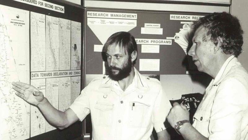 Richard Kenchington (left) with Hon. Ian Wilson (Minister Home Affairs & Environ), at public consultation for first section zoning plan, 1980 - photo © GBRMPA