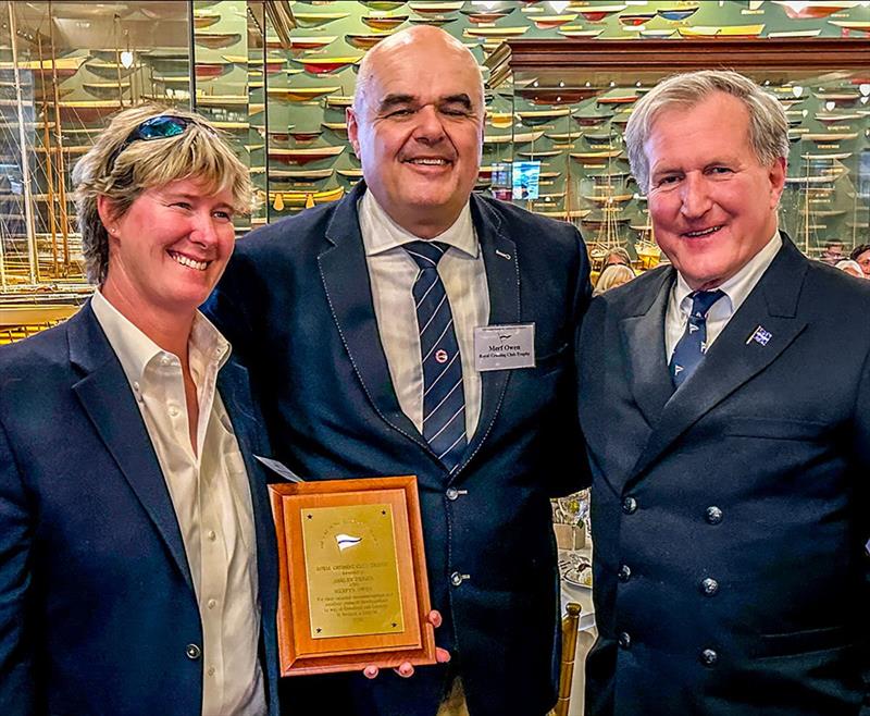 Ashley Perrin and Merfyn Owen (Royal Cruising Club Trophy) with CCA Commodore Jay Gowell photo copyright Dan Nerney taken at Cruising Club of America