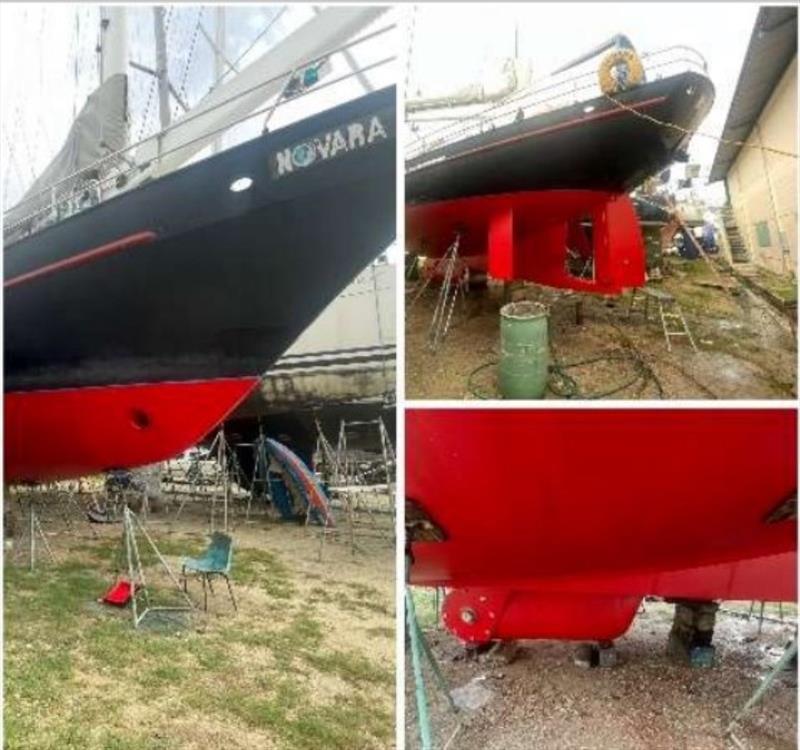 Novara on the hard in Chaguaramas. Note the new antifoul and dropped centreboard ready for new bearings - photo © Novara